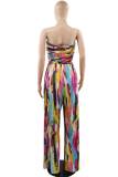 Colour Casual Print Patchwork With Belt Strapless Straight Jumpsuits