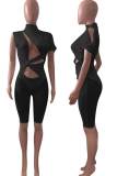 Black Solid Hollowed Out Patchwork See-through Asymmetrical Half A Turtleneck Skinny Rompers
