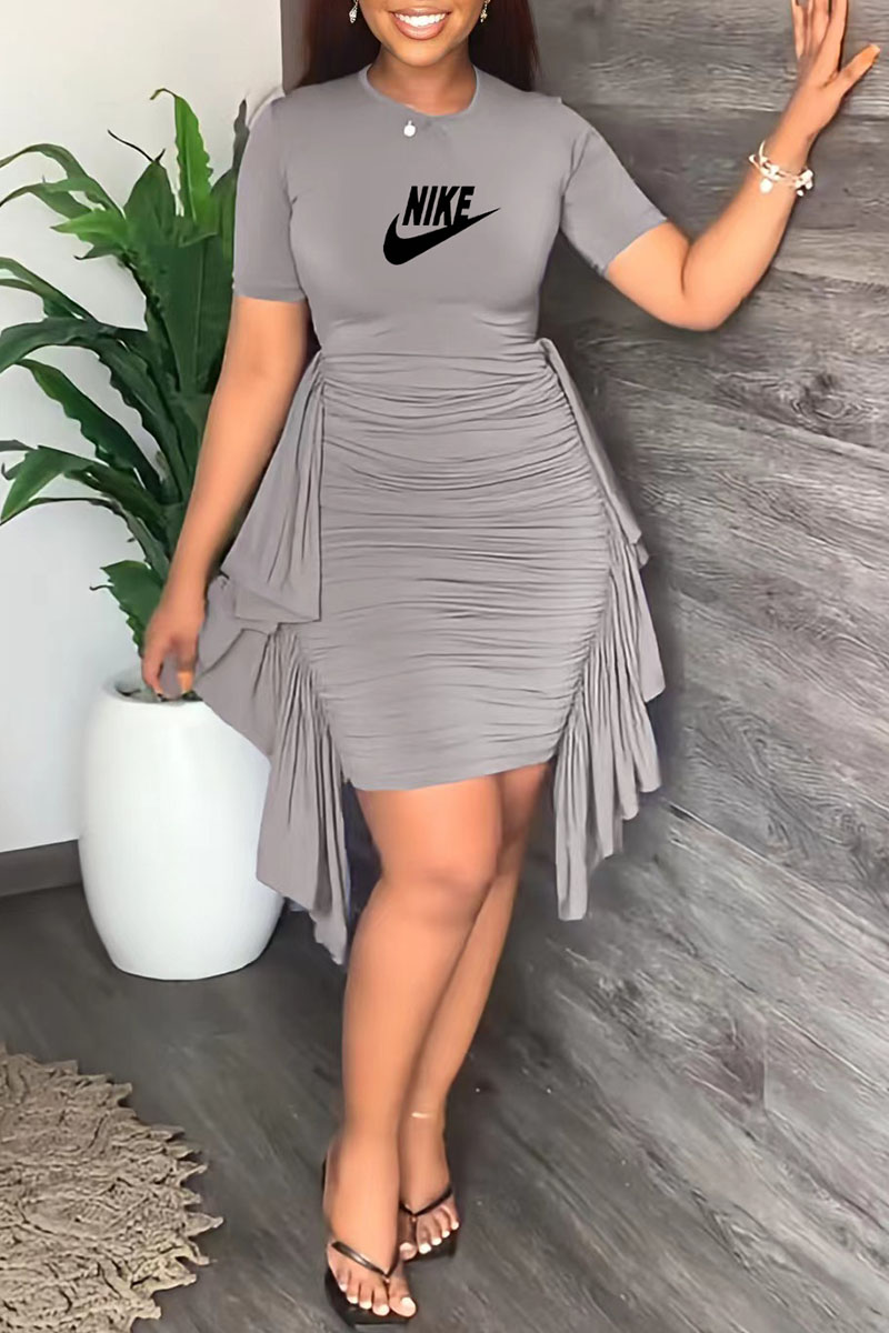 

Grey Fashion Casual Print Asymmetrical One Step Skirt Dresses