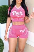 Pink Casual Sportswear Imprimir Patchwork O Cuello Manga corta Dos piezas