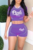 Пурпурный Повседневная спортивная одежда С принтом Пэчворк О-образный вырез С короткими рукавами Из двух частей