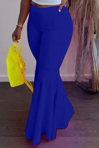 Blue Fashion Solid Flounce Boot Cut High Waist Speaker Solid Color Bottoms
