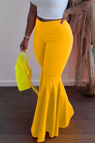 Ginger Fashion Solid Flounce Boot Cut High Waist Speaker Solid Color Bottoms