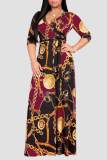 Borgoña casual elegante estampado vendaje patchwork cuello en V vestidos rectos