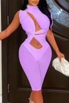 Purple Solid Hollowed Out Patchwork See-through Asymmetrical Half A Turtleneck Skinny Rompers