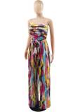 Colour Casual Print Patchwork With Belt Strapless Straight Jumpsuits