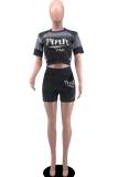 Black Casual Sportswear Print Patchwork O Neck Short Sleeve Two Pieces