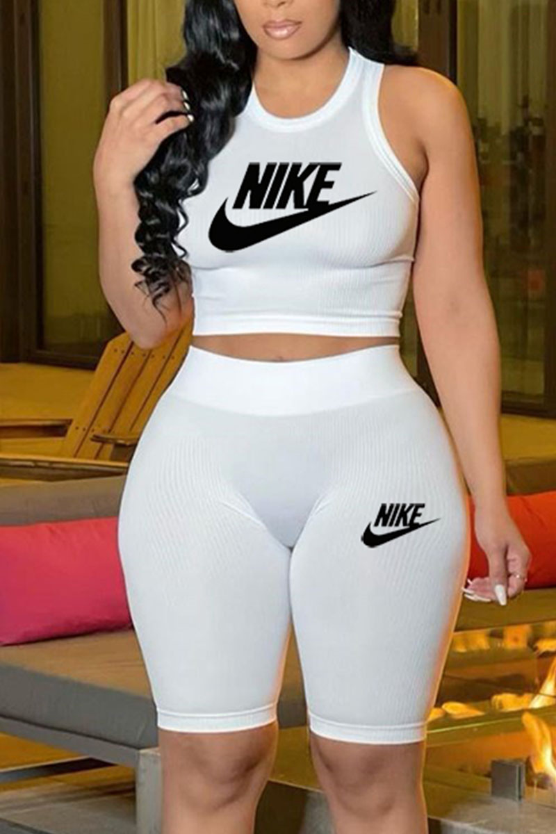 

White Fashion Casual Print Letter O Neck Sleeveless Two Pieces