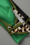 Grünes, lässig bedrucktes Patchwork-Top mit Umlegekragen und mittlerer Taille