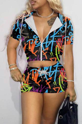 Black Casual Print Patchwork Hooded Collar Short Sleeve Two Pieces