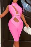 Pink Solid Hollowed Out Patchwork See-through Asymmetrical Half A Turtleneck Skinny Rompers