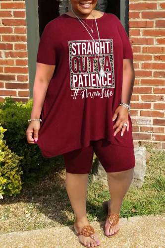 Burgundy Casual Print Patchwork O Neck Plus Size Two Pieces