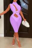 Purple Solid Hollowed Out Patchwork See-through Asymmetrical Half A Turtleneck Skinny Rompers