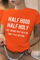 Oranje Mode Toevallige Letter Print Basic O-hals T-shirts