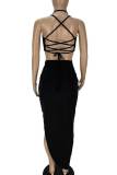 Black Sexy Solid Patchwork Backless Spaghetti Strap Sleeveless Two Pieces