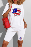 Red Casual Print American Flag Patchwork O Neck Short Sleeve Two Pieces