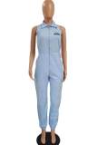 Blue Casual Print Patchwork Zipper Turndown Collar Straight Jumpsuits(Without Belt)