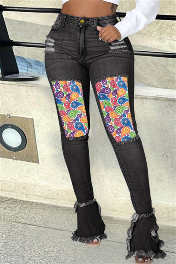 Zwarte mode casual patchwork print gescheurde hoge taille boot cut denim jeans