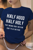 Marineblauwe mode-casual T-shirts met letterprint, basic O-hals