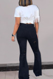 Jeans jeans preto moda casual sólido rasgado cintura alta regular