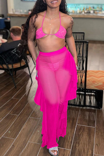Rose Red Fashion Sexy Solid Patchwork See-through Backless Spaghetti Strap Sleeveless Two Pieces