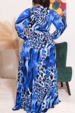 Vestidos azuis coloridos estampa casual leopardo frênulo decote em V reto plus size