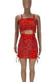Rose Red Sexy Print Patchwork Frenulum Spaghetti Strap Sleeveless Two Pieces