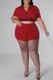 Red Casual Solid Patchwork Zipper Plus Size Two Pieces