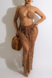 Khaki Sexy Solid Hollowed Out Patchwork Swimwears Cover Up