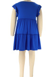 ブルーカジュアルソリッドパッチワークフォールドストリングセルヴィッチVネックAラインプラスサイズのドレス