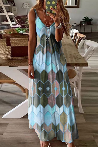 Sky Blue Fashion Casual Print Backless Spaghetti Strap Long Dress Dresses