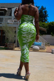 グリーンファッションカジュアルプリントベーシックターンダウンカラーノースリーブドレス