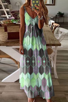 グリーンファッションカジュアルプリントバックレススパゲッティストラップロングドレスドレス