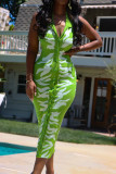 Green Fashion Casual Print Basic Turndown Collar Sleeveless Dress