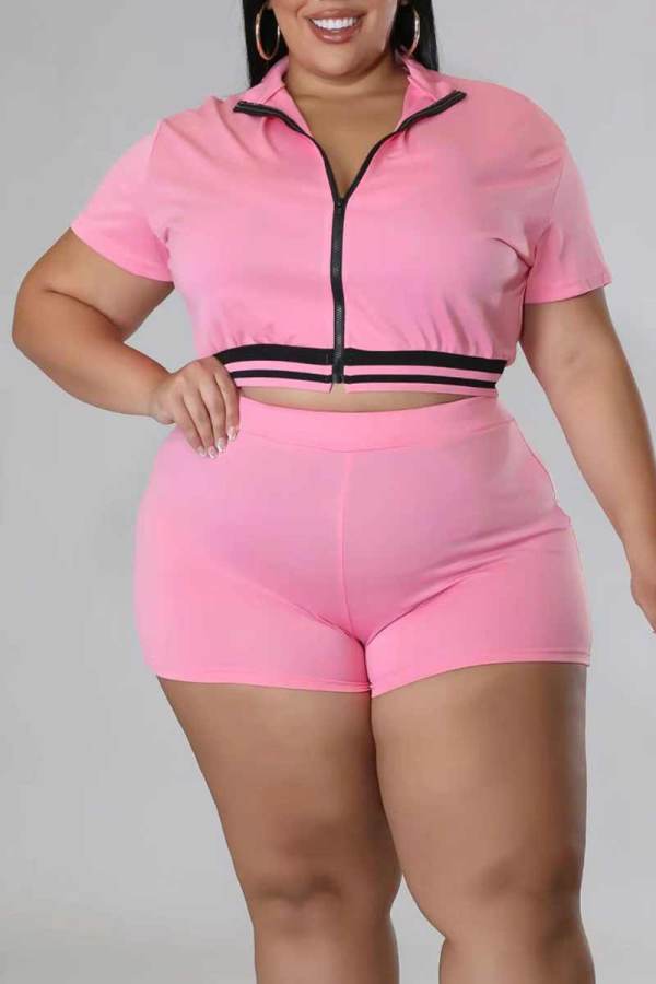 Rosa Casual Solid Patchwork Dragkedja Plus Size Two Pieces