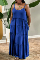 ブルーカジュアルソリッドパッチワークパールスパゲッティストラップスリングドレスプラスサイズのドレス