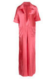Rose Red Casual Solid Patchwork Turndown Collar Loose Jumpsuits