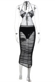 Black Sexy Solid Bandage Patchwork See-through Backless Halter Sling Dress Dresses