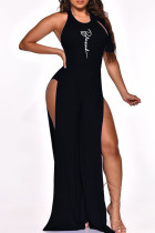 Black Sexy Print Bandage Patchwork Backless Slit O Neck Straight Jumpsuits