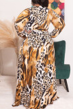 Coffee Casual Print Leopard Frenulum V Neck Straight Plus Size Dresses