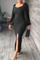 ブラックファッションカジュアルソリッドスリットスクエアカラー長袖ドレス