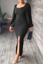 Black Fashion Casual Solid Slit Square Collar Long Sleeve Dresses