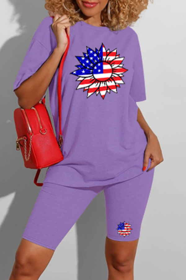 Purple Casual Print American Flag Patchwork O Neck Short Sleeve Two Pieces