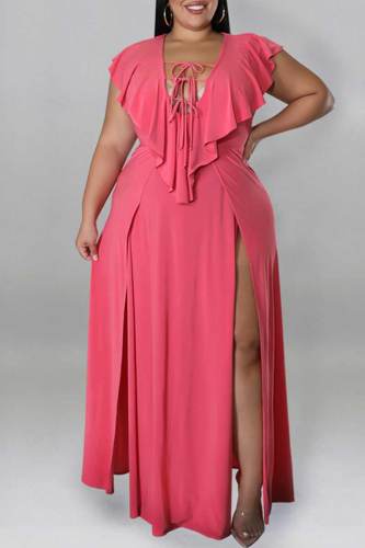 Pink Sexy Solid Bandage Hollowed Out Patchwork Flounce Slit Straight Plus Size Dresses