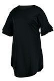 Черные повседневные однотонные лоскутные асимметричные платья с круглым вырезом и прямыми платьями больших размеров