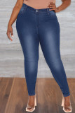 Темно-синие модные повседневные однотонные лоскутные джинсы больших размеров