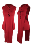 Красный модный принт с разрезом и воротником с капюшоном без рукавов из двух частей