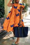 Orange Casual Sweet Print Patchwork O Neck A Line Robes