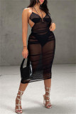 Черное сексуальное однотонное лоскутное прозрачное платье с открытой спиной и бретельками через шею Платья