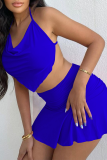 Blue Sexy Solid Backless Halter Sleeveless Two Pieces